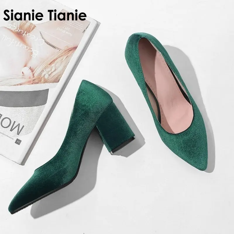 green velvet stilettos