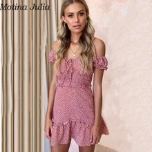 Motina Julia, сексуальное платье в горошек с открытыми плечами, летнее шифоновое короткое платье с оборками, женское повседневное мини-платье vestidos