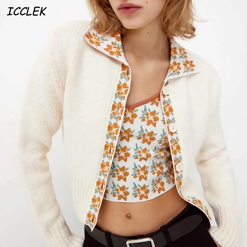 

Women's Two Piece Sweaters Floral Print Cropped Cardigan Sweater Vintage Knitted Jumpers Coats Female Za Autumn Knitwear Jackets