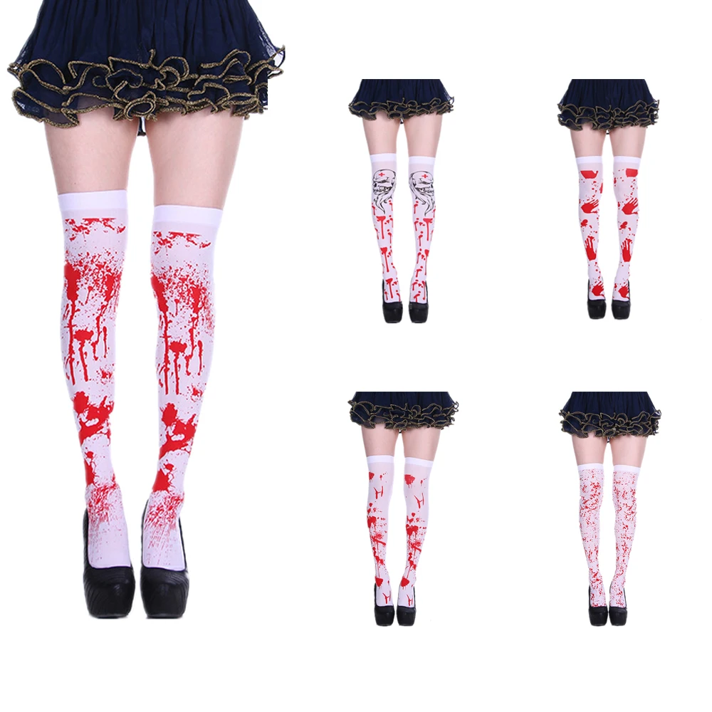 Extracto carro Estoy orgulloso comprarlos de forma segura Envío al mundo entero Calidad de excelencia  sobre la rodilla Hold Ups Blanco con sangre Medias De Disfraces De Halloween  Talla Única