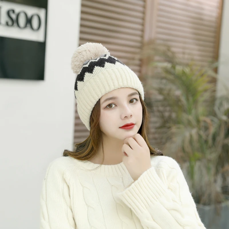 BEIGE HAT Новинка, модная женская шапка, шарф, набор для женщин, девушек, теплая шапка бини, женский шарф, помпоны, зимние шапки - Цвет: BEIGE HAT