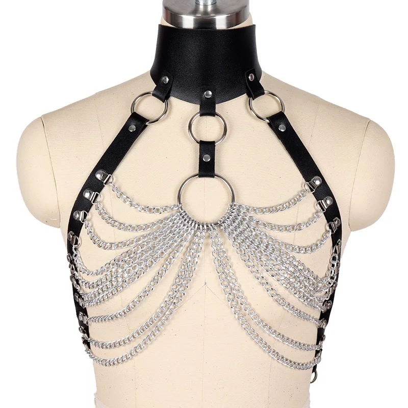 PG0469 Black PU Leather Harness Cage Bra Sexy Lingerie Fetish Punk Gothic Chest Body Bondage Crop Tops Adjust Hollow Out Harness Bra - Цвет: PG0469