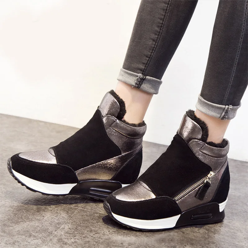 MCCKLE Suede Leather Boots Woman Winter Shoes Fashion Ins Women Sneakers Height Increasing Shoes Warm Plush Snow Boots Female