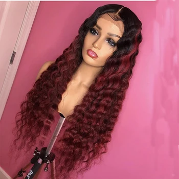 

Deep Wave 1b Red Colored Lace Front Human Hair Wigs for Woman Ombre Red Lace Front Wig Pre Plucked Brazilian Remy Hair