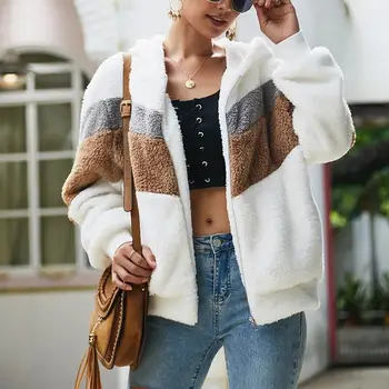 

Female Stripe Coats Women Outwear Faux Fur Hooded Warm Jackets Patchwork Soft Zipper Casual Overcoat
