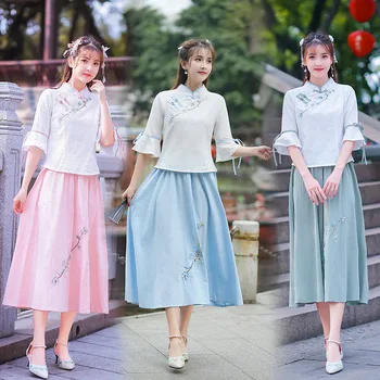 

2019 Summer New Style Retro Chinese-style Hipster Butterfly Sleeve Cotton Linen Embroidered Tops + Skirt