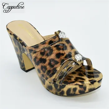

Wholesale price coffee with leopard print African high heel slipper shoes for lady 88-21, heel height 11cm