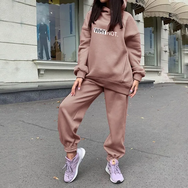 Two Piece Set Casual Fleece Tracksuit Women Winter 2021 Women's Sets Oversized Hooded Long Sleeve Hoodie Sport Pants Lady Suit 03 Dark Pink Print