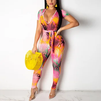 

Fadzeco Women Sexy U Neck Bodycon Jumpsuit Clubwear Print Short Sleeve Elegant Party Rompers High Waist Long Pants Jumpsuit