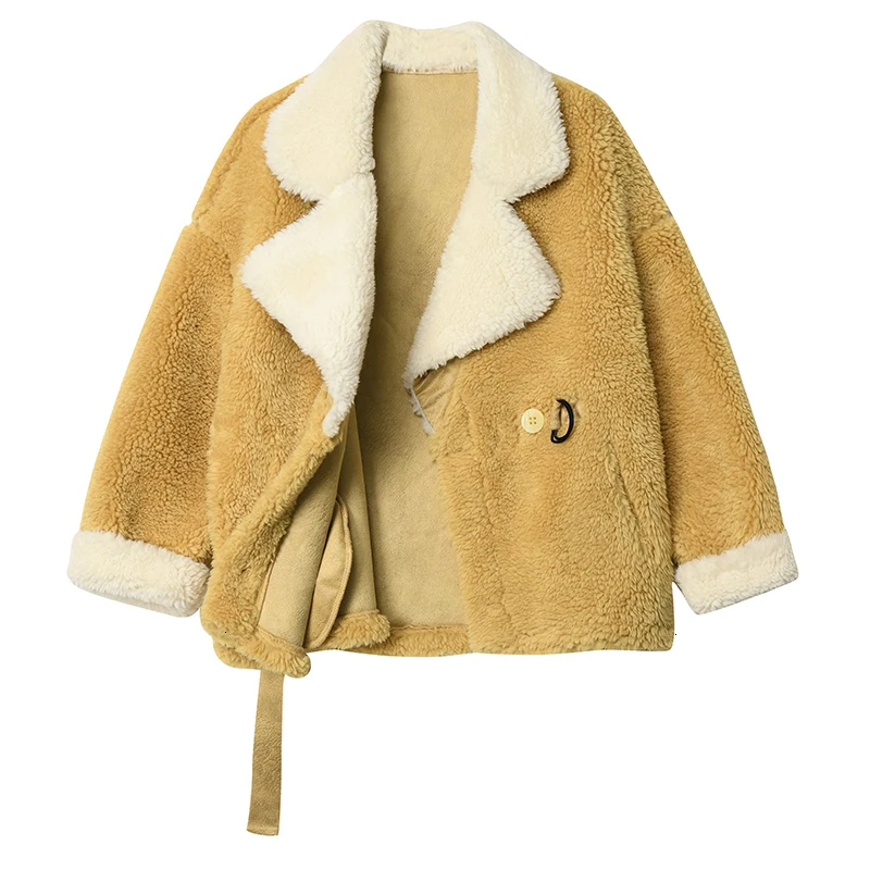 [EAM] Свободная желтая куртка контрастного цвета большого размера, новинка, Женское пальто с отворотом и длинным рукавом, модное осенне-зимнее пальто 1H461