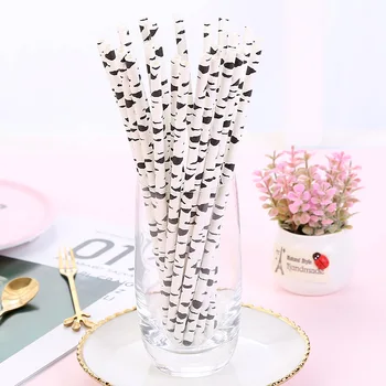 

25Pcs White with Black Pattern Disposable Paper Drinking Straw Eco-friendly Birthday Family Party Event Supplies