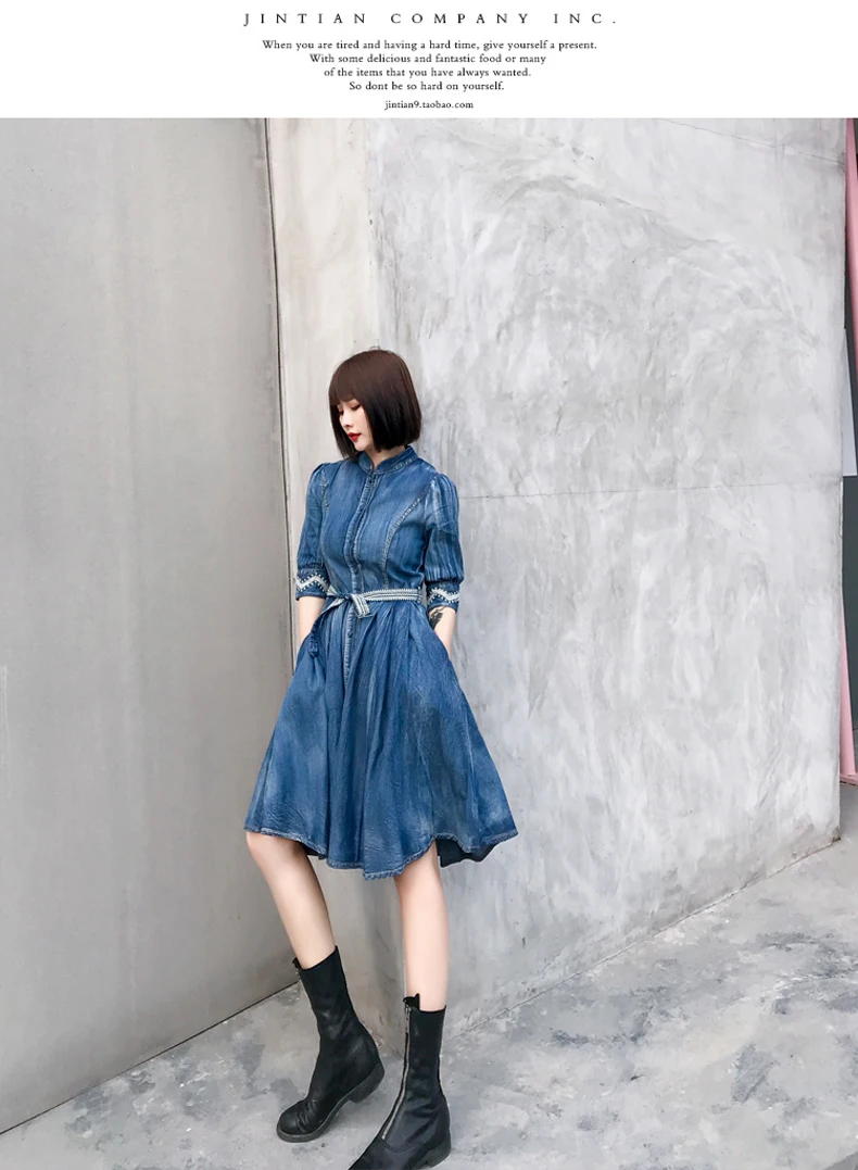 Vintage Spring Autumn Denim Dress Women half sleeve belted A-line Pleated embroidery casual dress