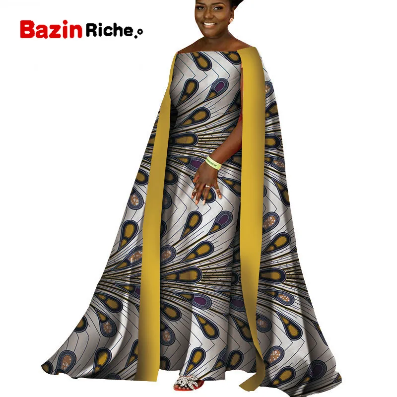 Женская одежда в африканском стиле модные женские платья элегантные Африканские Восковые принты Bazin Riche вечерние платья в пол с накидкой WY4332