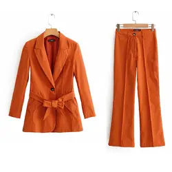 Женские офисные костюмы со штанами комплект из 2 предметов, однотонные ленты Блейзер на одной пуговице, пальто и ботинки с вырезами, модные