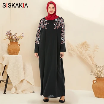 

Siskakia Muslim abaya dress Black Plant Embroidery Loose Plus Size Batwing Sleeve Dressing Gowns Female Fall 2019