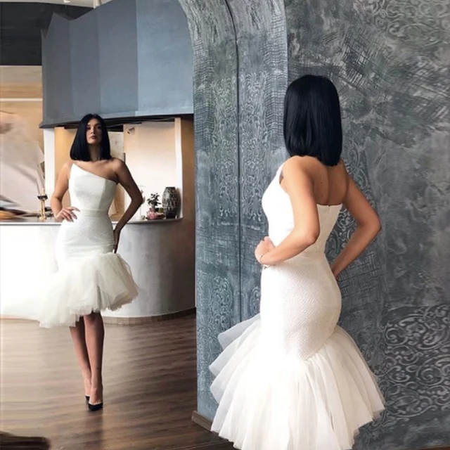 White Pure One Shoulder Cocktail Dresses 2022 Tulle Tiered Mermaid Prom Dresses With Zipper Back Special Occasion Gowns Custom 6