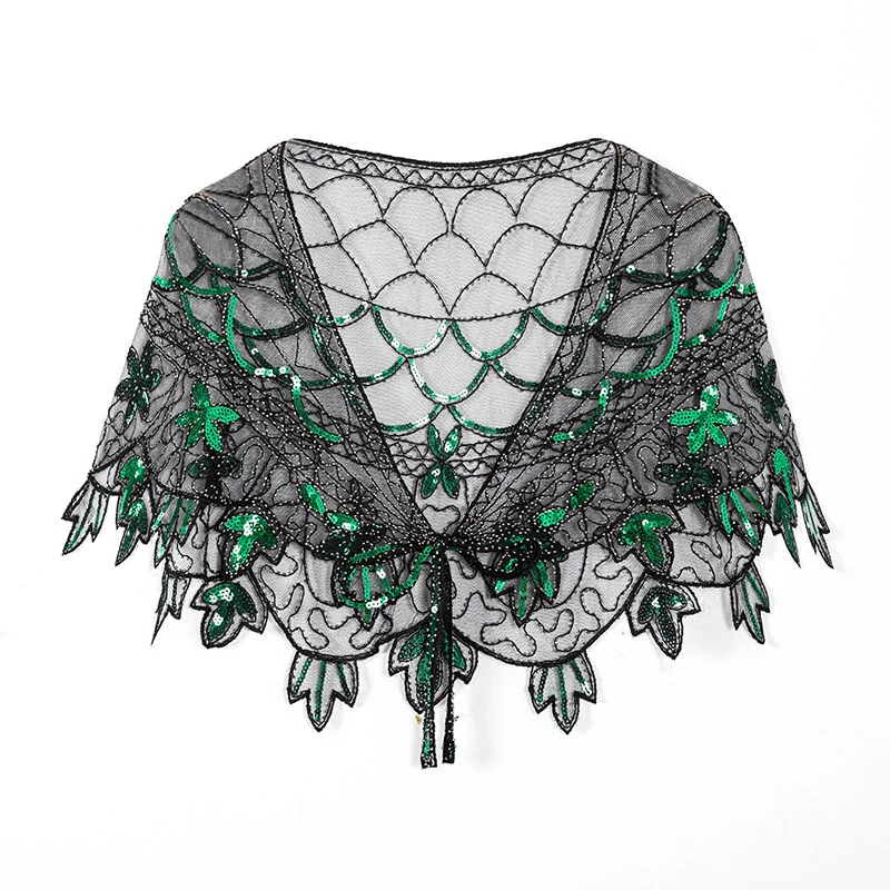 

New Lady Scarve 1920s Flapper Embroidery Fringe Shawl Cover Up Gatsby Party Beaded Sequin Cape Vintage Mesh Scarf Wrap for Dress