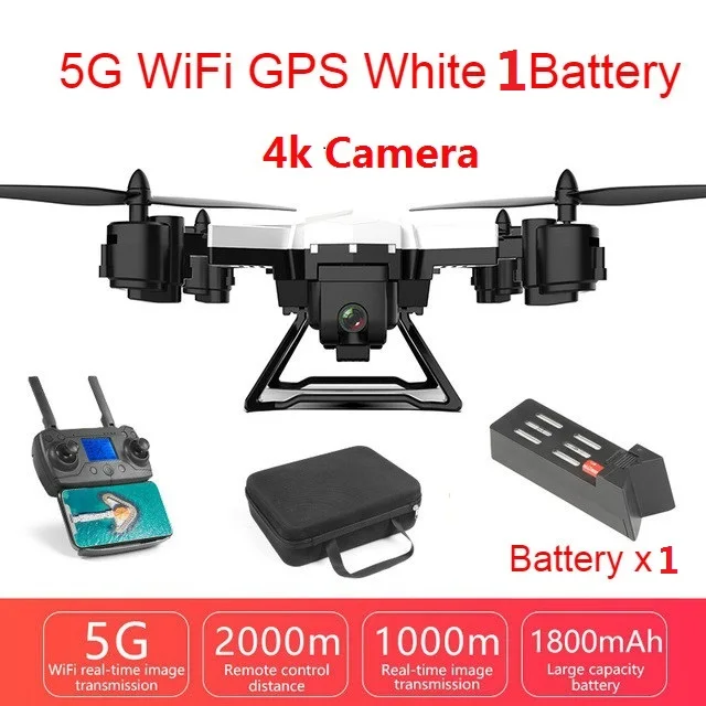 RC Drone 4K Full HD Camera 5G WIFI GPS Follow Me Quadcopter Professional Wide Angle Helicopter 2000 Meter Control Distance - Color: white 1B Bag