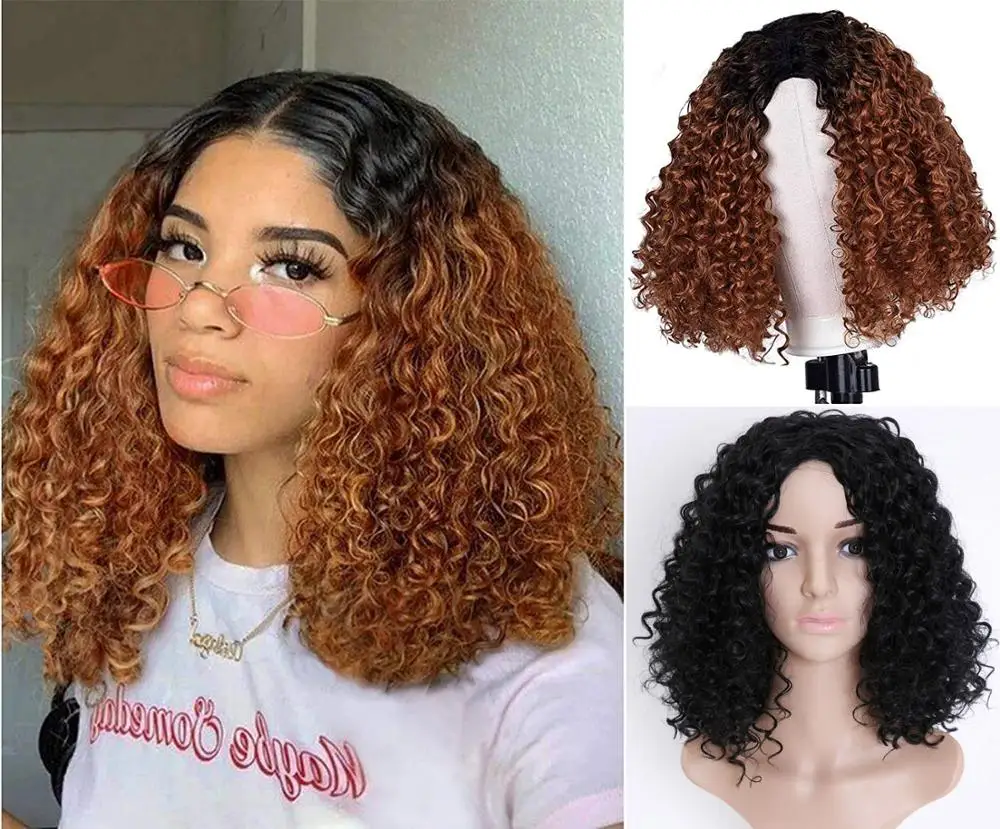 

Black Womenâ€˜s Short Curly Wig Ombre Blonde Brazilian Loose Big Bouncy Fluffy Kinky Afro Style Synthetic Heat Resist Soft Hair