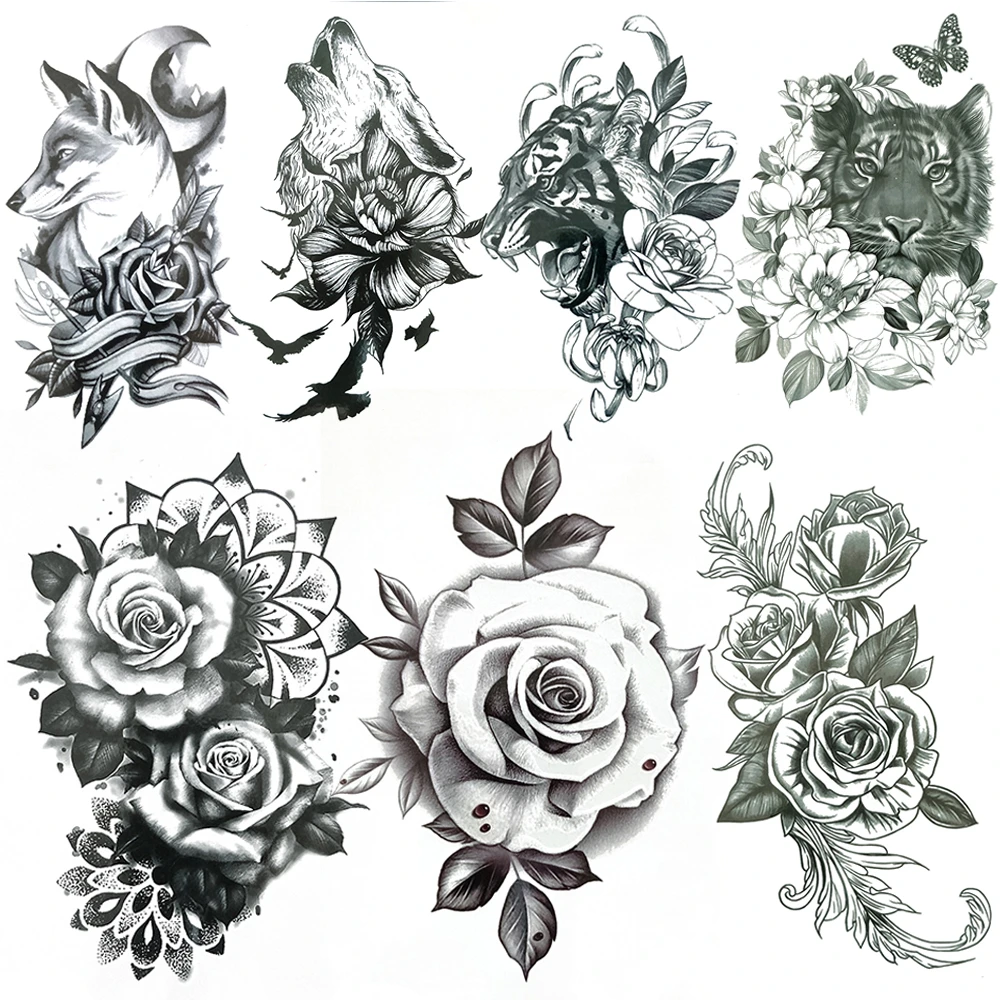 Large Rose Flowers Temporary Tattoos For Women Men Black Tigers Daisy Tattoo  Sticker Wolf Mehndi Peony Floral Tatoo Body Art Arm|Hình xăm tạm thời| -  AliExpress
