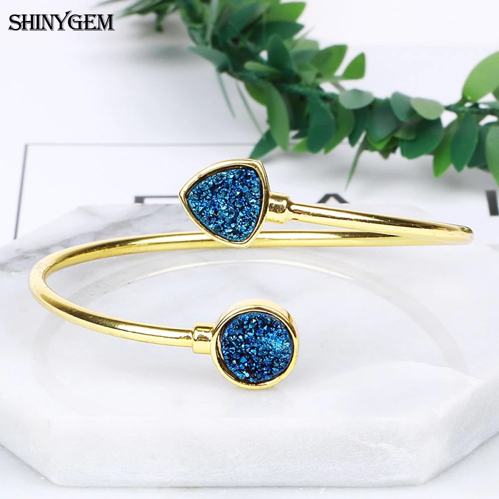 

ShinyGem Vintage Sparkling Druzy Crystal Open Bangles Gold Plating Triangle Round Natural Druzy Stone Bracelet Bangles For Women