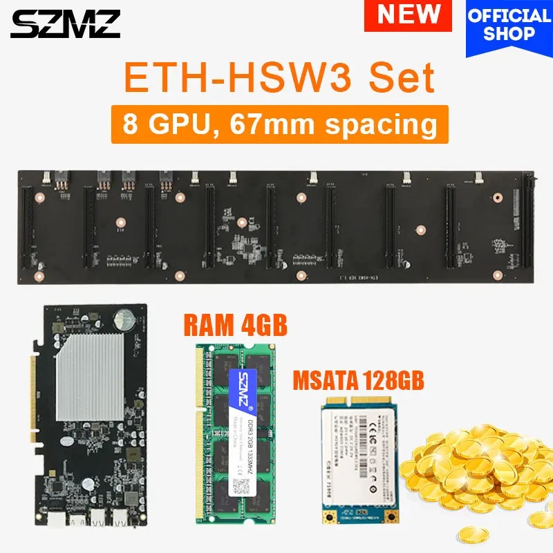SZMZ ETH HSW3 8 GPU ETH Mining Motherboard Riserless Kit with RAM 4GB