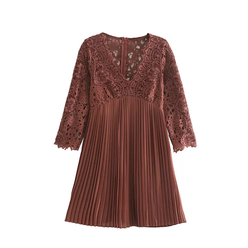 

women chic lace patchwork dress long sleeve V neck female elegant pleated dresses solid office wear vestidos