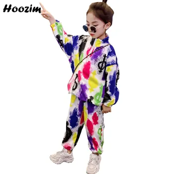 

Spring Girls Tracksuit 4-12 Years High Street Graffiti Jacket+Lacquer Drawstring Waist Pants Set Children Sport Suit For Girls