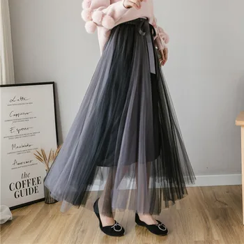 

2020 Spring Girls Color Block Mesh Skirt Sweet Stretchy Mid-Calf A-Line Skirt Elegant Women's High Waist Skirts Summer