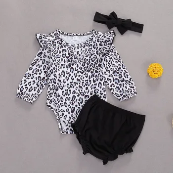 

Spring Autumn Newborn Infant Baby Girls Long Sleeve Bodysuit Top Leopard Print Ruffled Shorts Headband Outfit Set