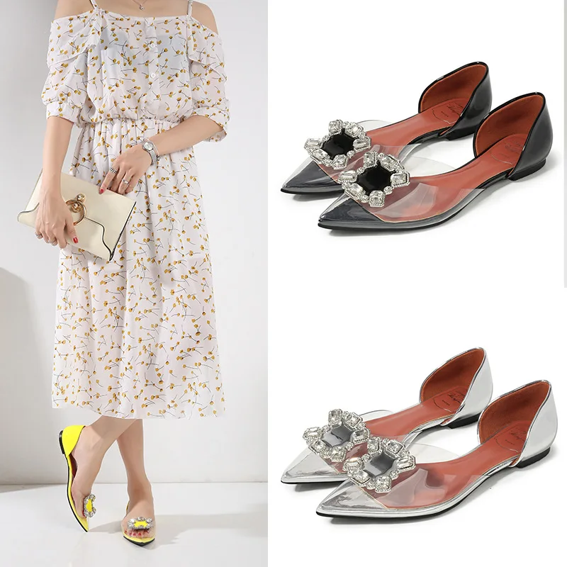 

Women's 2019 New Style Summer Transparent Sandals Man-made Diamond Flat Keel Thin Shoes Patent Leather Mixed Colors WOMEN'S Flat