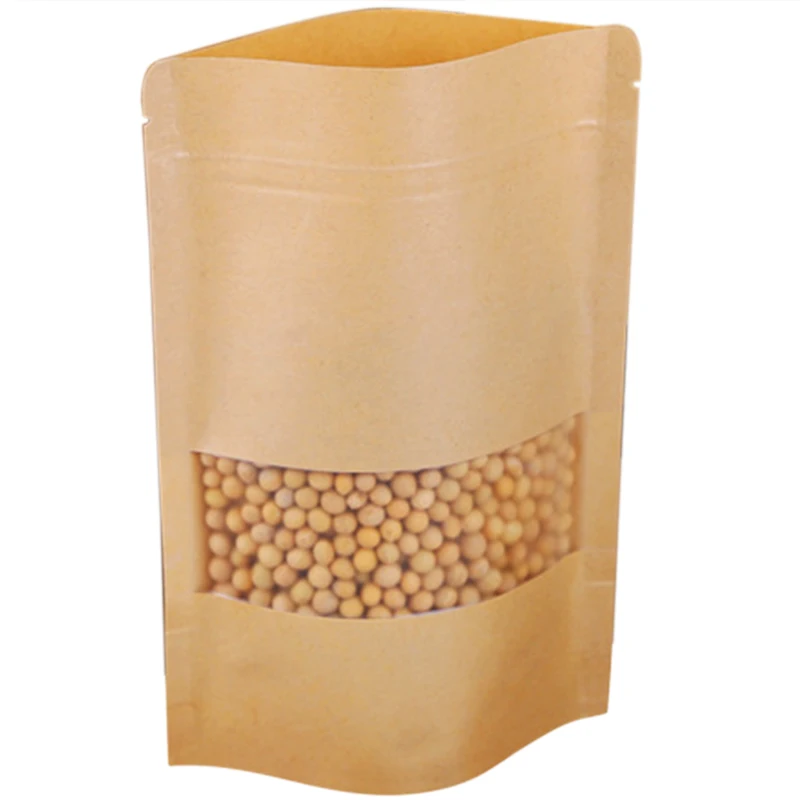 Hot Sale 100Pcs Zipper Kraft Paper Bag Kraft Paper Bag Gift Ziplock Bag with Window Stand Up Bag