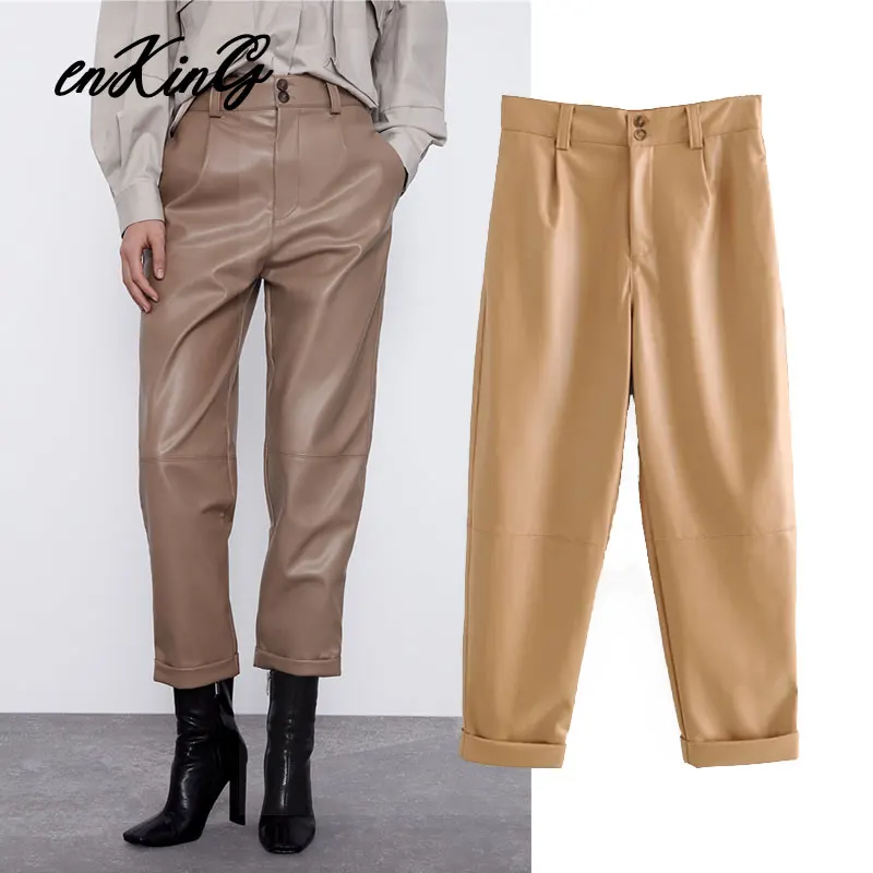 

2020 solid khaki england high street loose leather PU jogger harem pants women pantalones mujer pantalon femme trousers women