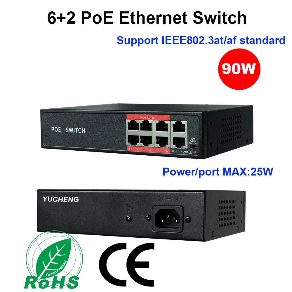 6 портов 48 в 90 Вт переключатель Ethernet IEEE802.3at/af POE коммутатор 8 портов 6CH 8CH для PTZ IP камеры Esunstar
