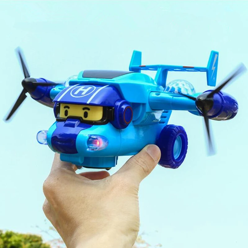 

New anime Mini poli robot Electric aircraft toy Action Figures Electric Toy With Wheel Lights Music Singing toys for children