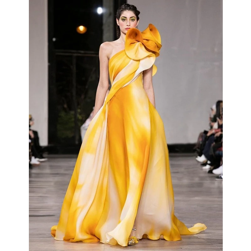 

2019 New Fashion Show Runway Dress Elegant Off Shoulder High Split Golden Floral Long Satin Dress Women Celebrity Party Vestidos