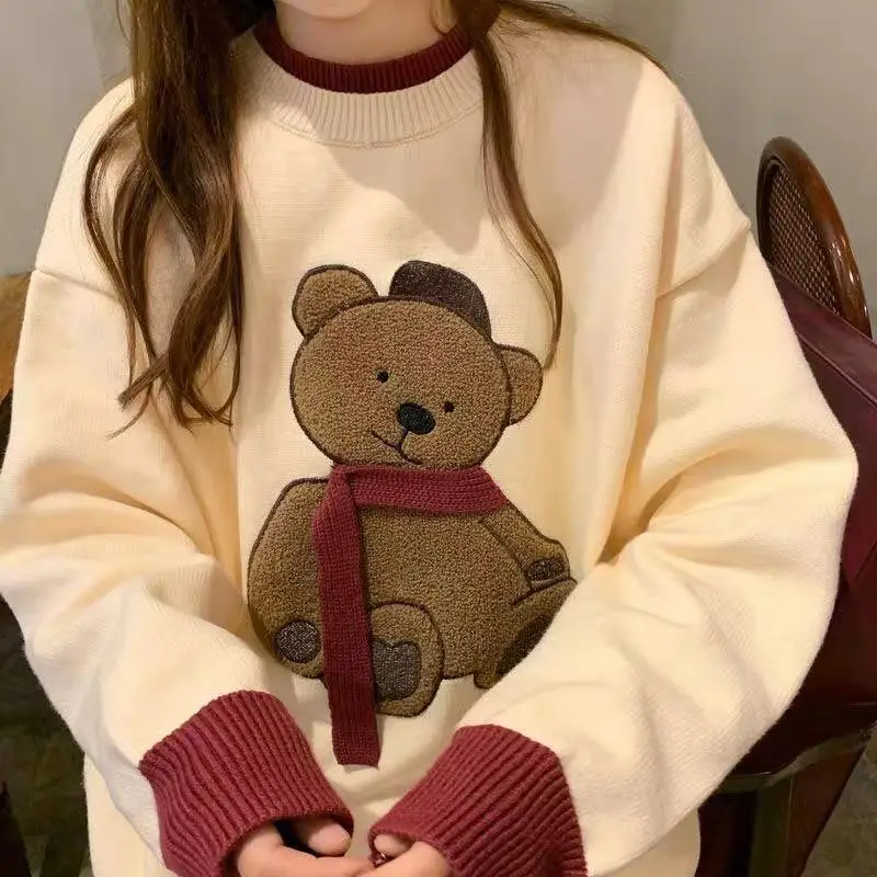 Suéter de punto estilo pijo para mujer, Jersey de punto de Color contrastante con patrón 3D de oso pequeño, Tops holgados a la moda, japoneses nuevos