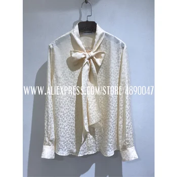 

Spring 2020 Fashion Women Long Sleeve Satin Pattern Shirt Retro Street Shirt Elegant Silk Shirt High Quality Scarf collar shirt