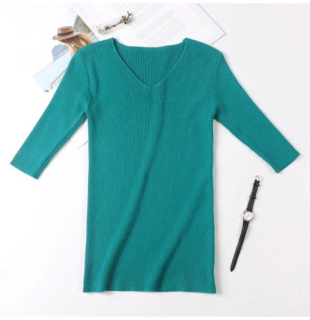 GOPLUS кофта женская осень вязаный свитер женский с коротким рукавом V образным вырезомодежда женская - Цвет: Зеленый