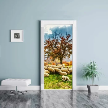 

3D Door Stickers PVC Adhesive Wallpaper Print Picture Home Tree Sheep Sky Sunshine Decor Waterproof Mural Decal For Living Room