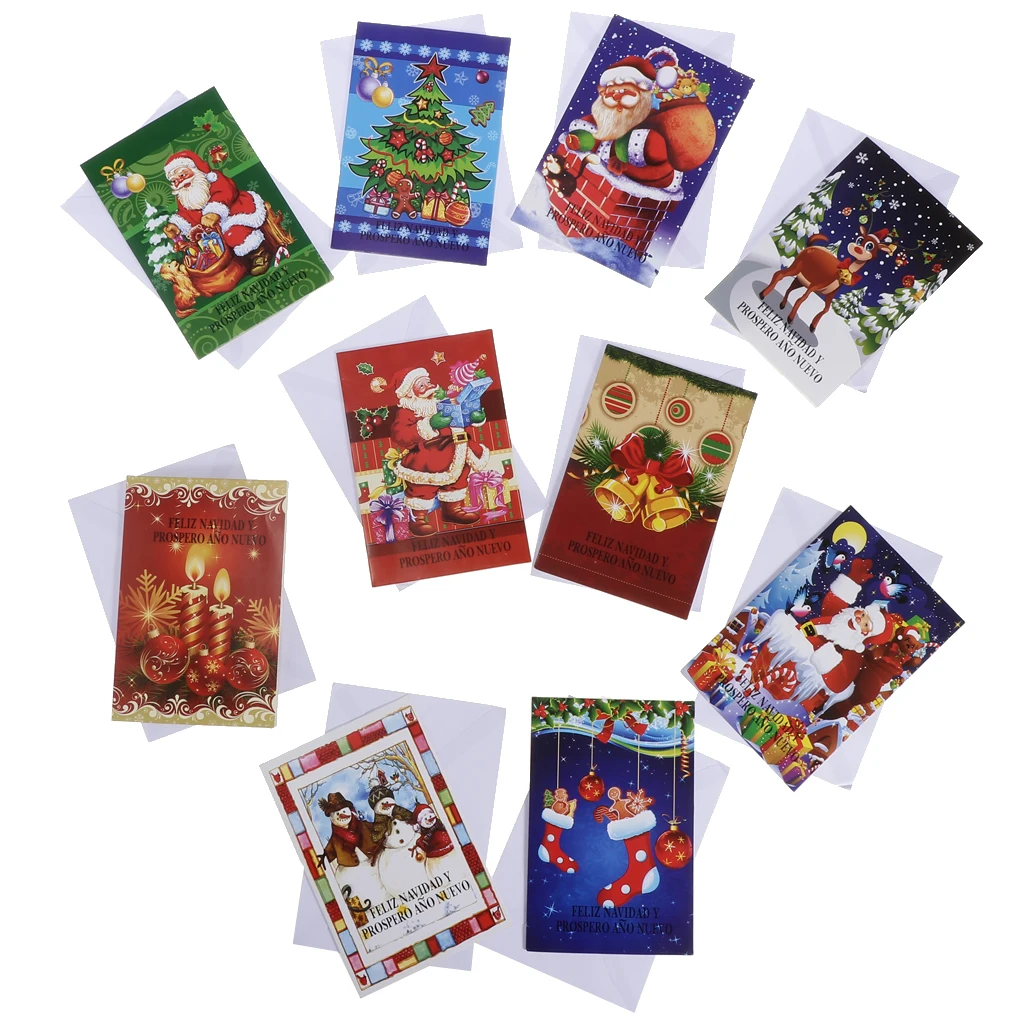 10pcs/set Merry Christmas Greeting Cards with Envelopes Xmas Gift Cards Winter Holiday Festival Greeting Supplies for Friend Kid