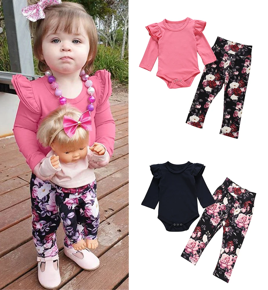 

Newborn Baby Girl Clothes Sets Infant Fashion Solid color Romper Top+flower print pants 2Pcs Autumn Baby Girl Clothing suit