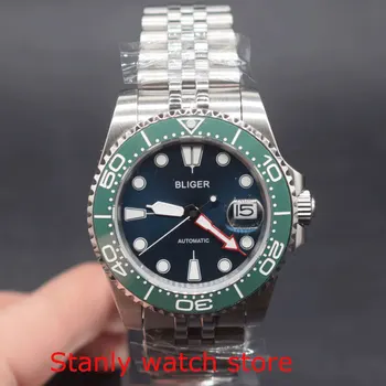

Sapphire glass Bliger 40mm blue dial luminous marks green ceramic rotating bezel 8215 automatic movement men's wrist watch