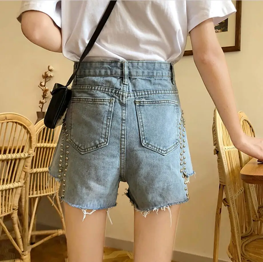 Jean Shorts Women Korean High Street Fashion Rivet High Waist Denim Shorts Female Zipper Irregular Shorts plus size 5xl q654 dickies shorts