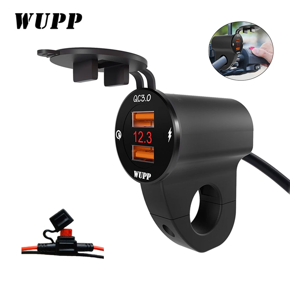 

WUPP motorcycle phone charger waterproof QC3.0 dual USB3.4A super fast charge 12V with voltmeter switch line insurance piece