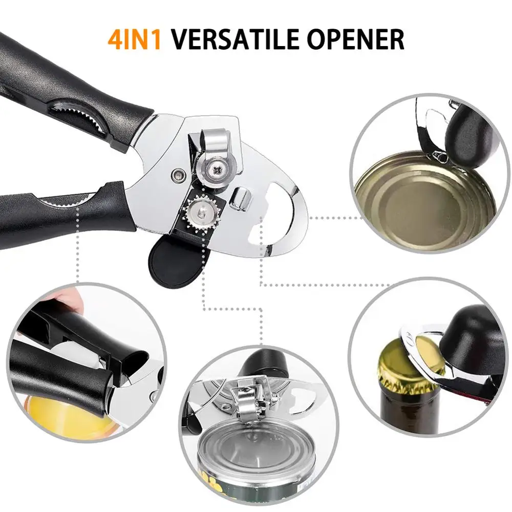 

4-in-1 Can Opener Stainless Steel Multifunction Manual Beer Bottle Opener Smooth Edge-Ultra Sharp Cutting Tools 2 Spare Blades