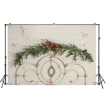 

Wrought Iron Headboard Green Rattan Decorated Wethered Brick Wall Backdrop Portrait Photography Photocall Background Photoshoot