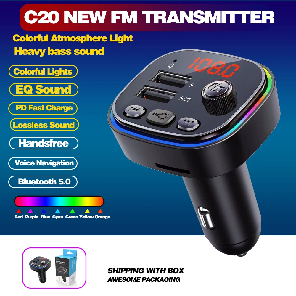 Transmetteur FM de voiture C20, allume-cigare Laguna pour touristes, chargeur  rapide USB 5V 3.1A, lecteur audio Bluetooth avec lumières colorées, lecteur  MP3 - AliExpress
