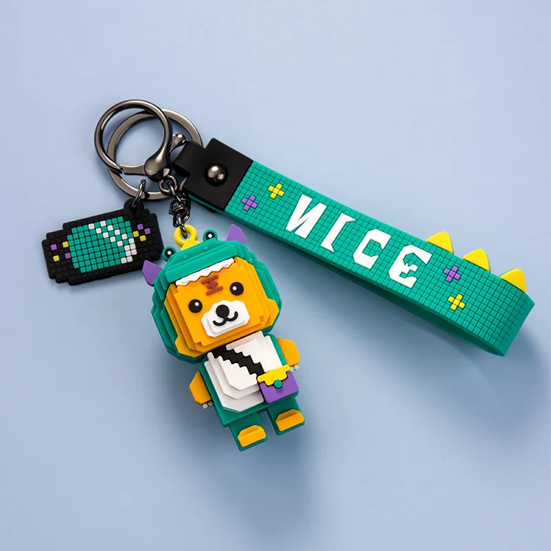 Building Block Small Tiger Keychain Cute Green Blue Pendant Creative Cartoon Bag Car Metal Keyring Girl Boy Lover Lanyard Gift