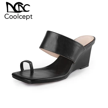 

Coolcept Women Sandals Shoes Fashion Solid Color Slippers Flat High Heels Shoes Women Genuine Leather Lady Footwear Size 33-40